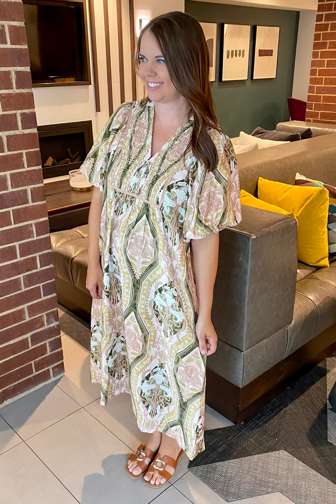 Harvest Mosaic Print Brown Midi Dress - Lyla's: Clothing, Decor & More - Plano Boutique