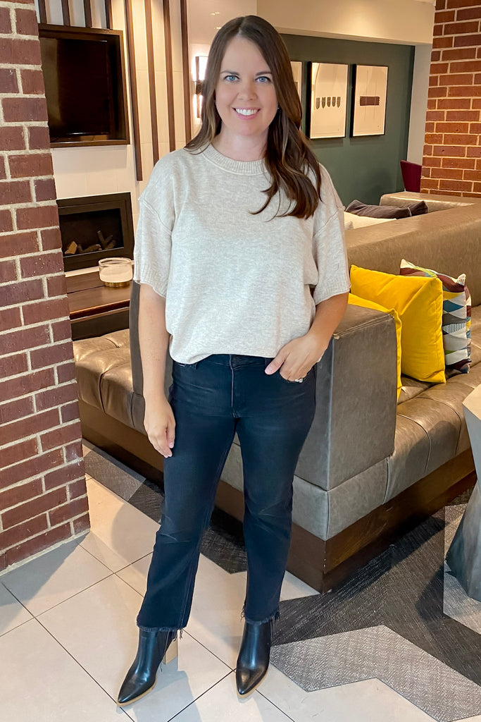 Grandeur Black Mid Rise Raw Distressed Hem Crop Flare Jeans by Lovervet - Lyla's: Clothing, Decor & More - Plano Boutique