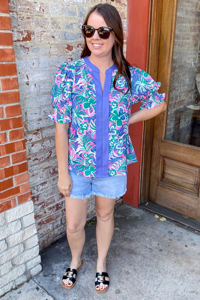 Something for You Bubble Sleeve Blue Print Top - Lyla's: Clothing, Decor & More - Plano Boutique