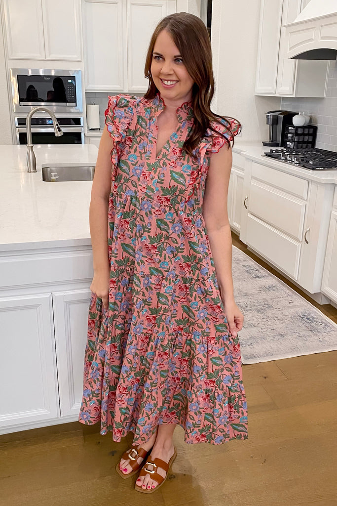 Rosewood Bloom Ruffle Pink Midi Dress - Lyla's: Clothing, Decor & More - Plano Boutique