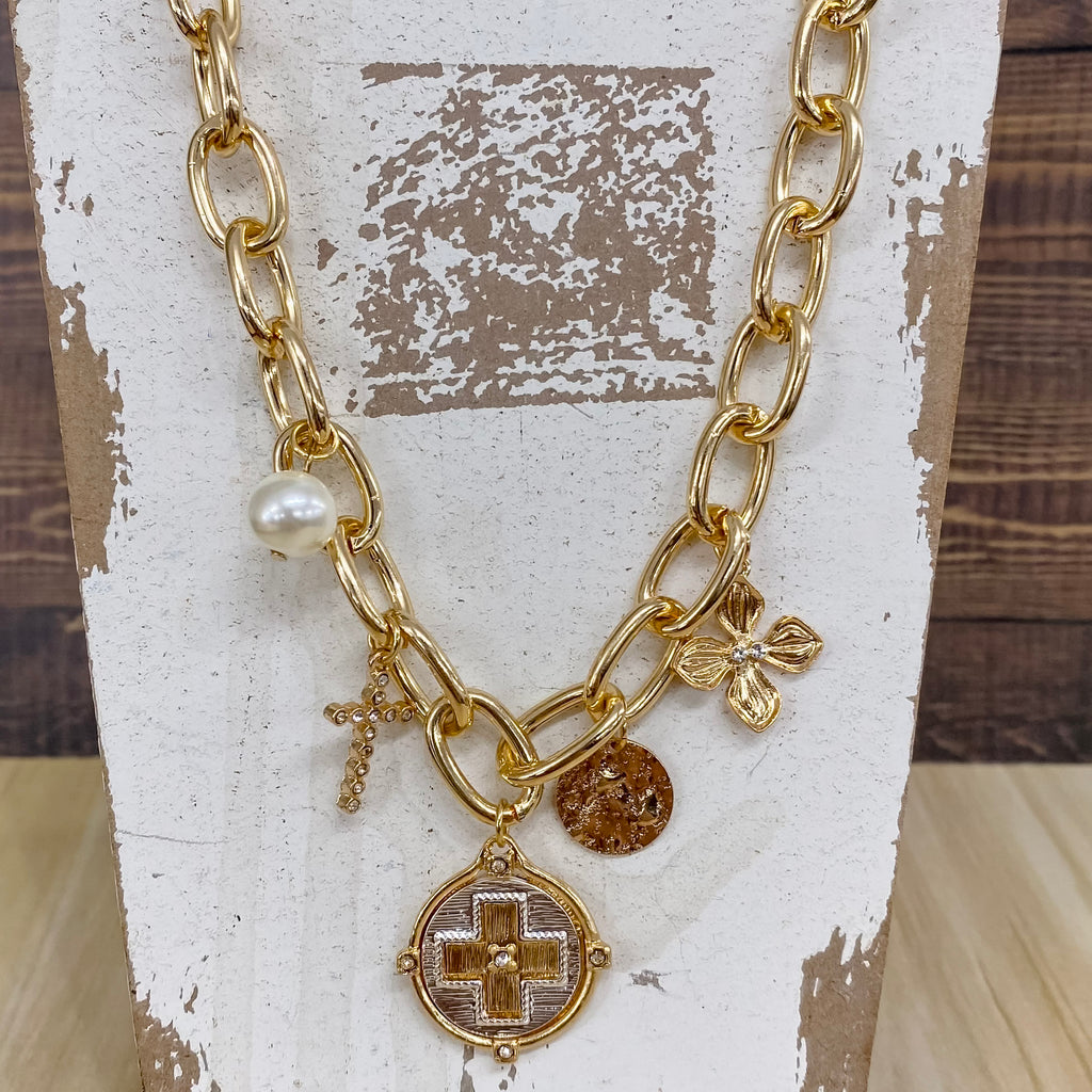 Gold Open Chain With Coin, Cross, And Pearl Charms - Lyla's: Clothing, Decor & More - Plano Boutique