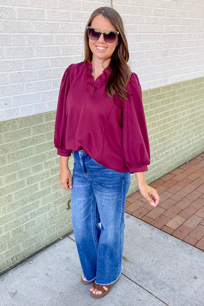 Midnight Dreams Burgundy Ruffle Top - Lyla's: Clothing, Decor & More - Plano Boutique