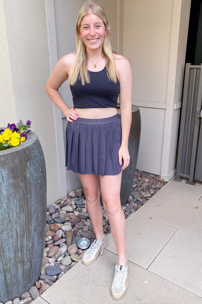 Athleisure Pleat Charcoal Tennis Skort - Lyla's: Clothing, Decor & More - Plano Boutique