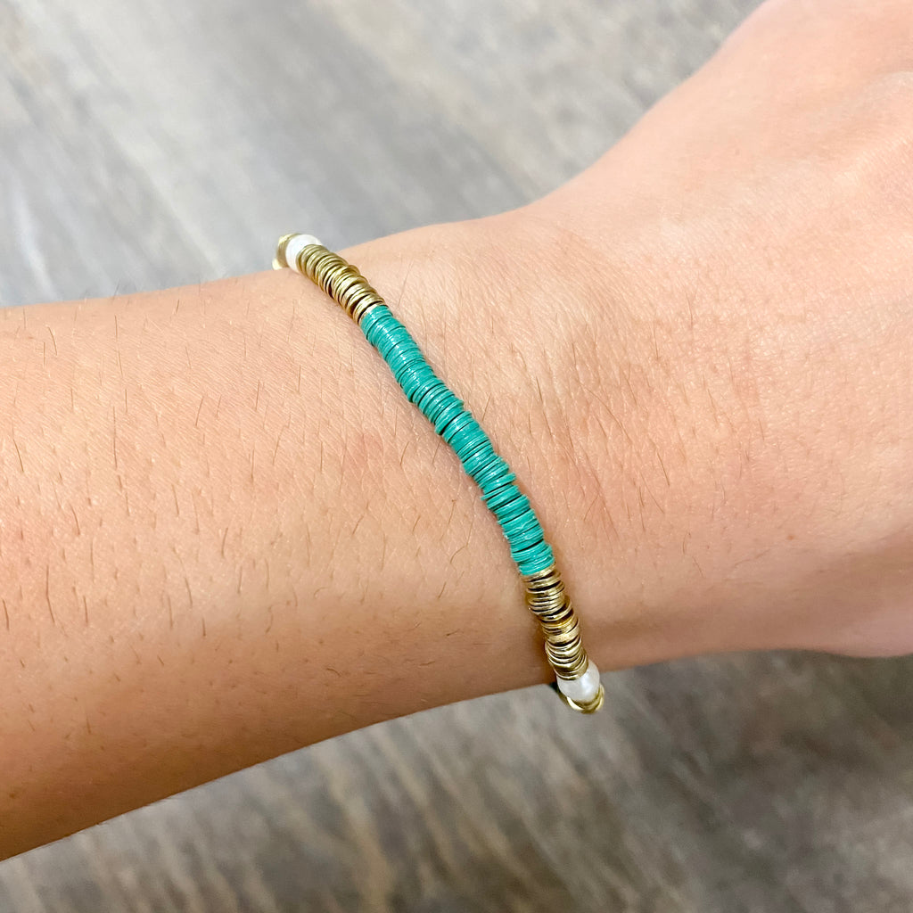 Rory Solid Color With Gold And Pearls Small Sequin Stretch Bracelet Kelly Green by Ink & Alloy - Lyla's: Clothing, Decor & More - Plano Boutique