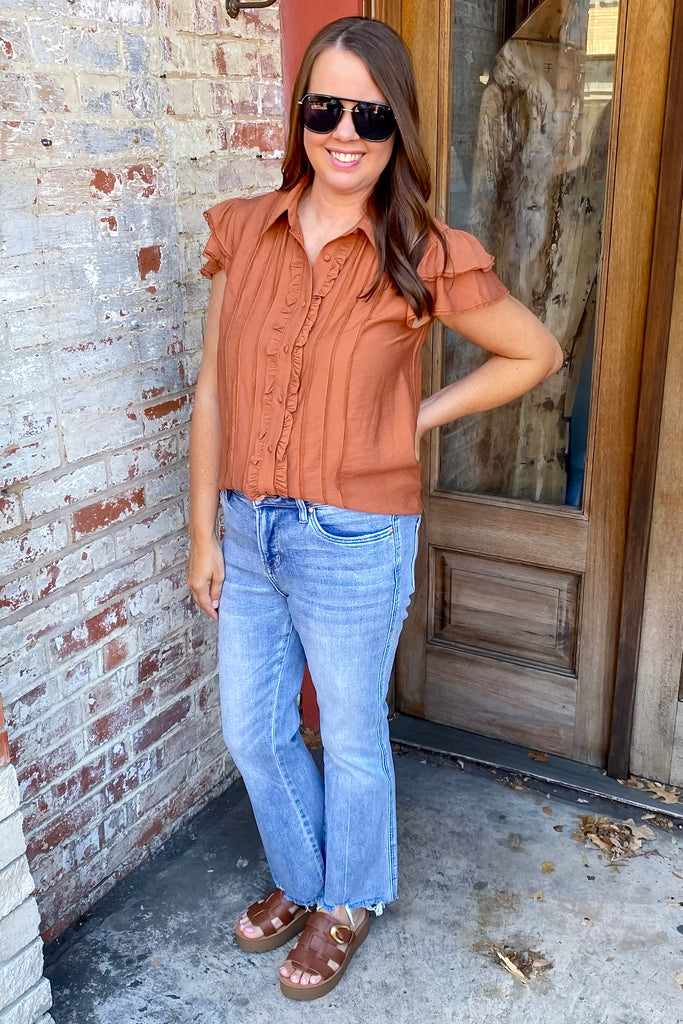 Moscato High Rise Uneven Hemline Cropped Flare by Mica - Lyla's: Clothing, Decor & More - Plano Boutique