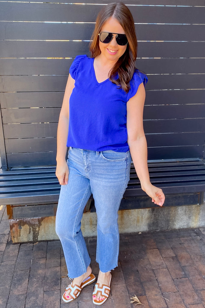 A Lil Ruffle V Neckline Royal Top - Lyla's: Clothing, Decor & More - Plano Boutique