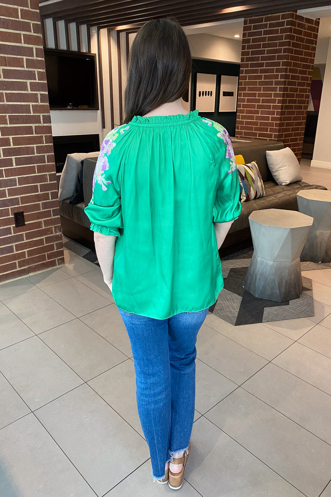 Spring Green Embroidered Sleeve Top - Lyla's: Clothing, Decor & More - Plano Boutique
