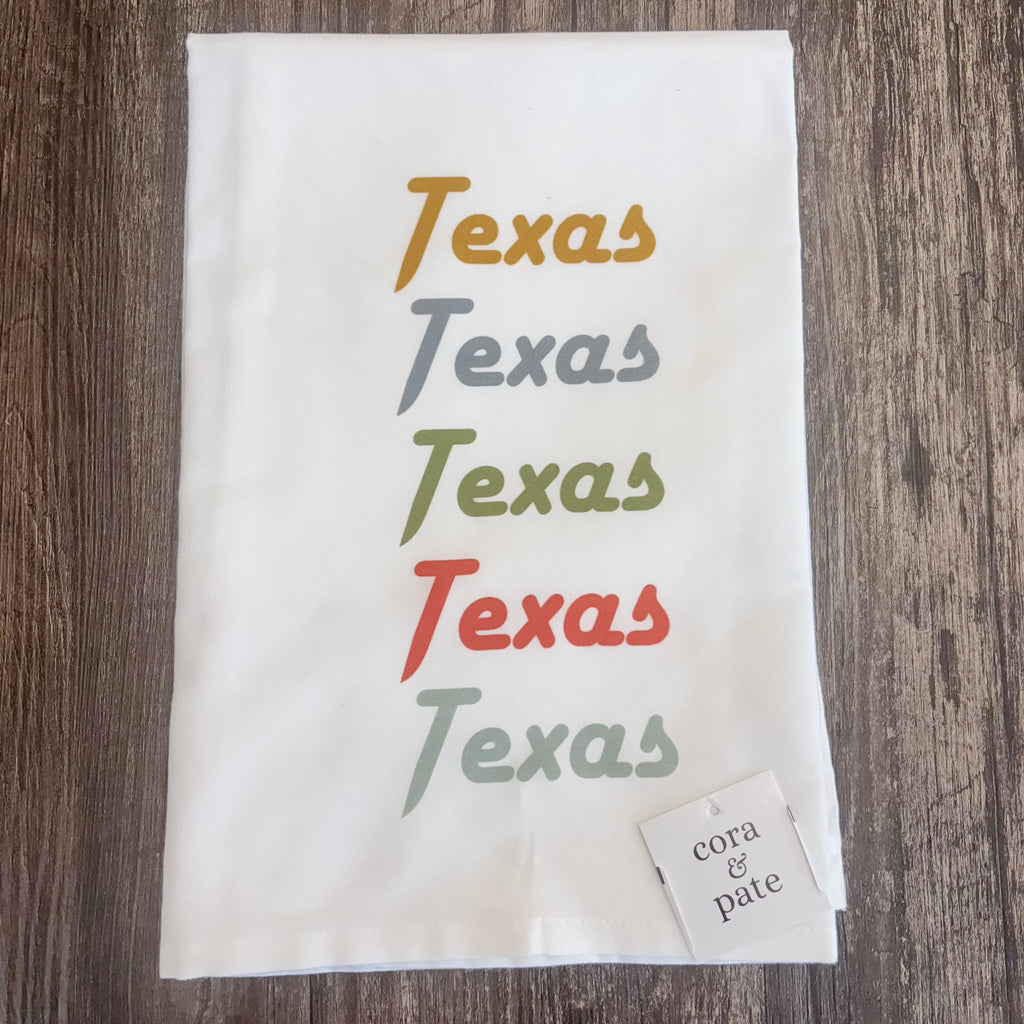 Texas Texas Texas Multi Color Tea Towel - Lyla's: Clothing, Decor & More - Plano Boutique