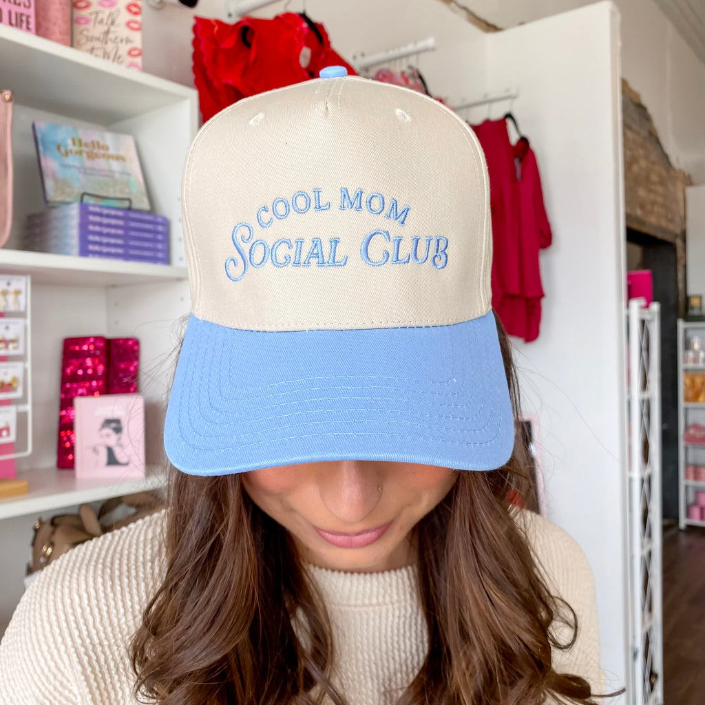 Cool Mom Social Club Retro Two-Toned Blue and Tan Vintage Baseball Hat - Lyla's: Clothing, Decor & More - Plano Boutique