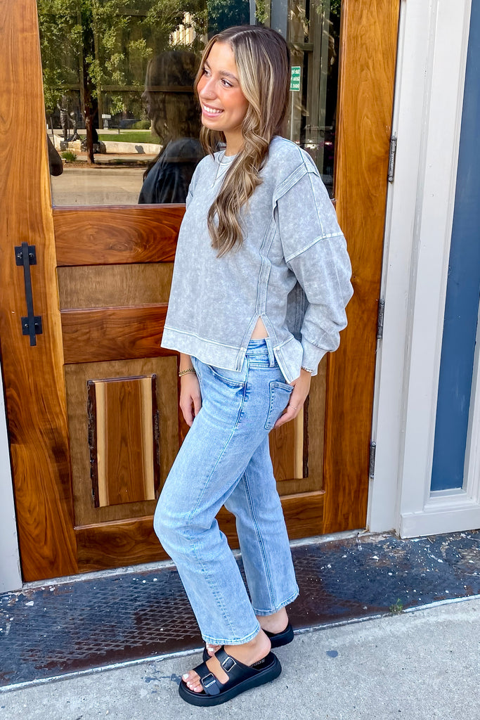 Who Do You Know Washed Grey Sweater - Lyla's: Clothing, Decor & More - Plano Boutique