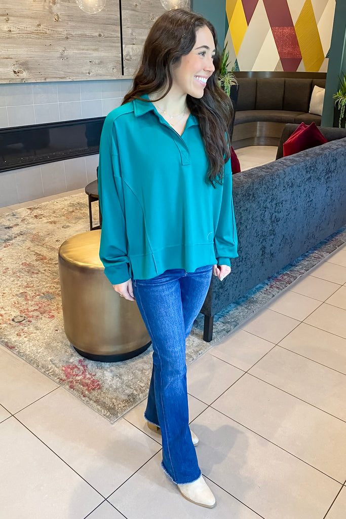 I See You Longsleeve Collar Teal Lagoon Top - Lyla's: Clothing, Decor & More - Plano Boutique