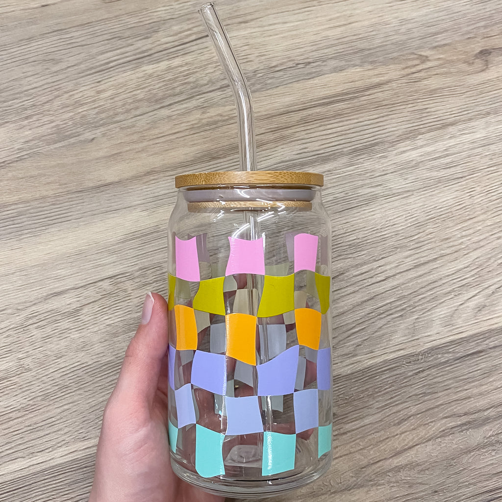 Carnival Check Can Glass with Lid & Straw - Lyla's: Clothing, Decor & More - Plano Boutique