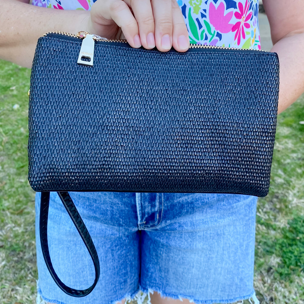 Jen & Co Riley Micro Straw 3 Compartment Crossbody/Wristlet - Black - Lyla's: Clothing, Decor & More - Plano Boutique