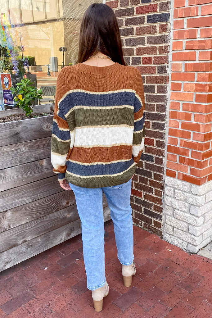 Dreamy Eathtones Olive and Camel Striped Sweater - Lyla's: Clothing, Decor & More - Plano Boutique