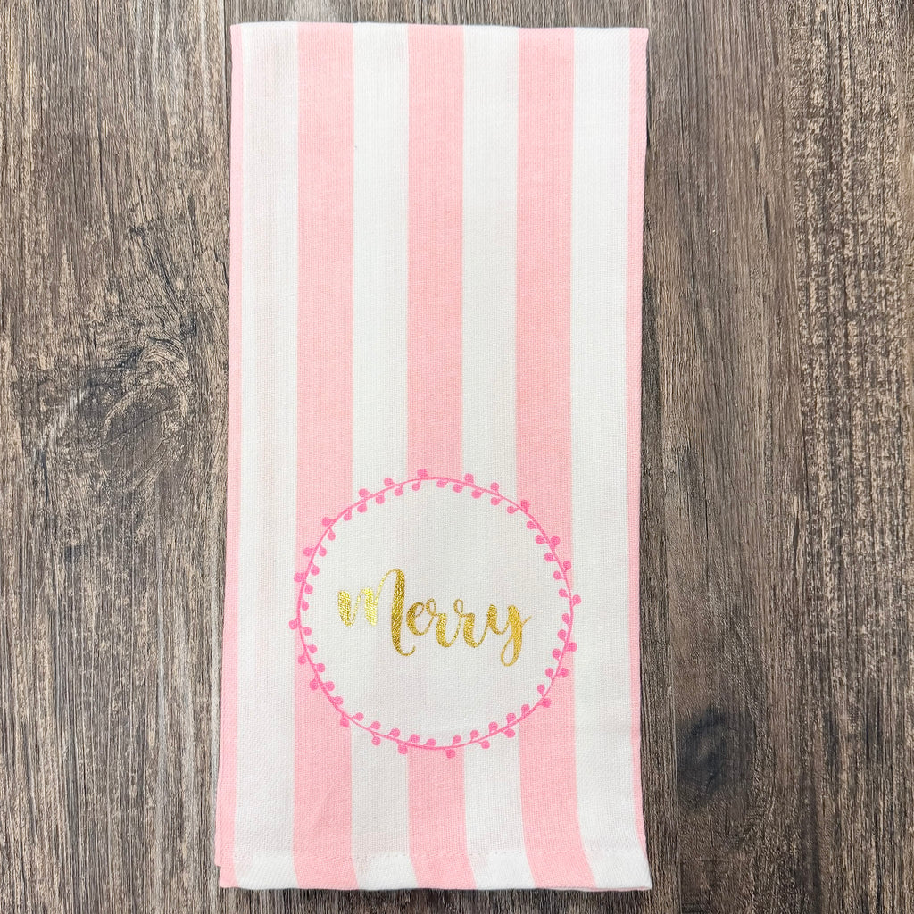 Merry Script Pink Striped Hand Towel - Lyla's: Clothing, Decor & More - Plano Boutique