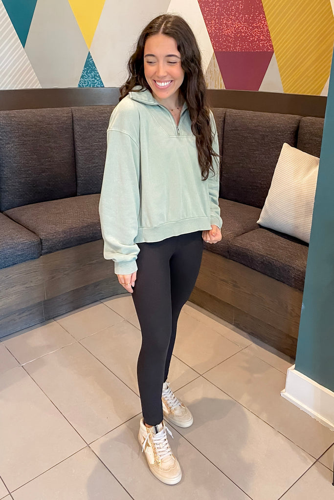 Sporty Twist Half Zip Sage Green Sweater - Lyla's: Clothing, Decor & More - Plano Boutique