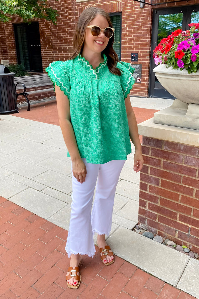One I Need Scallop Trim Green Top - Lyla's: Clothing, Decor & More - Plano Boutique
