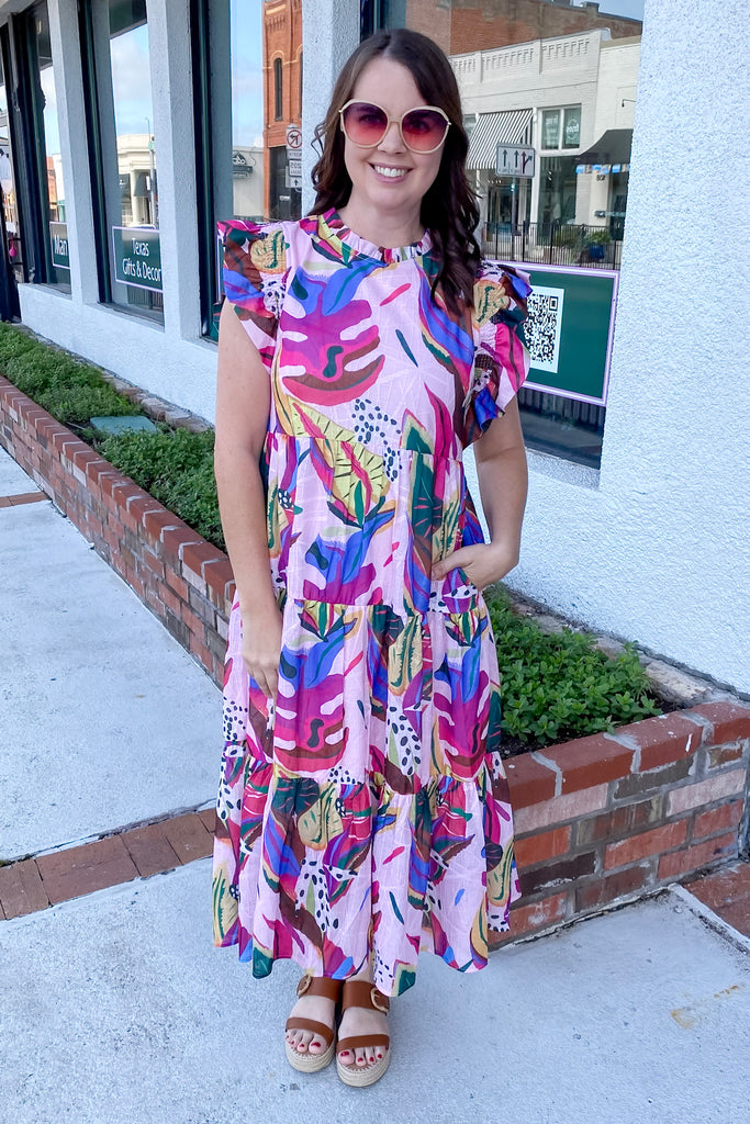 Twist into the Tropics Tiered Blush Print Midi Dress - Lyla's: Clothing, Decor & More - Plano Boutique