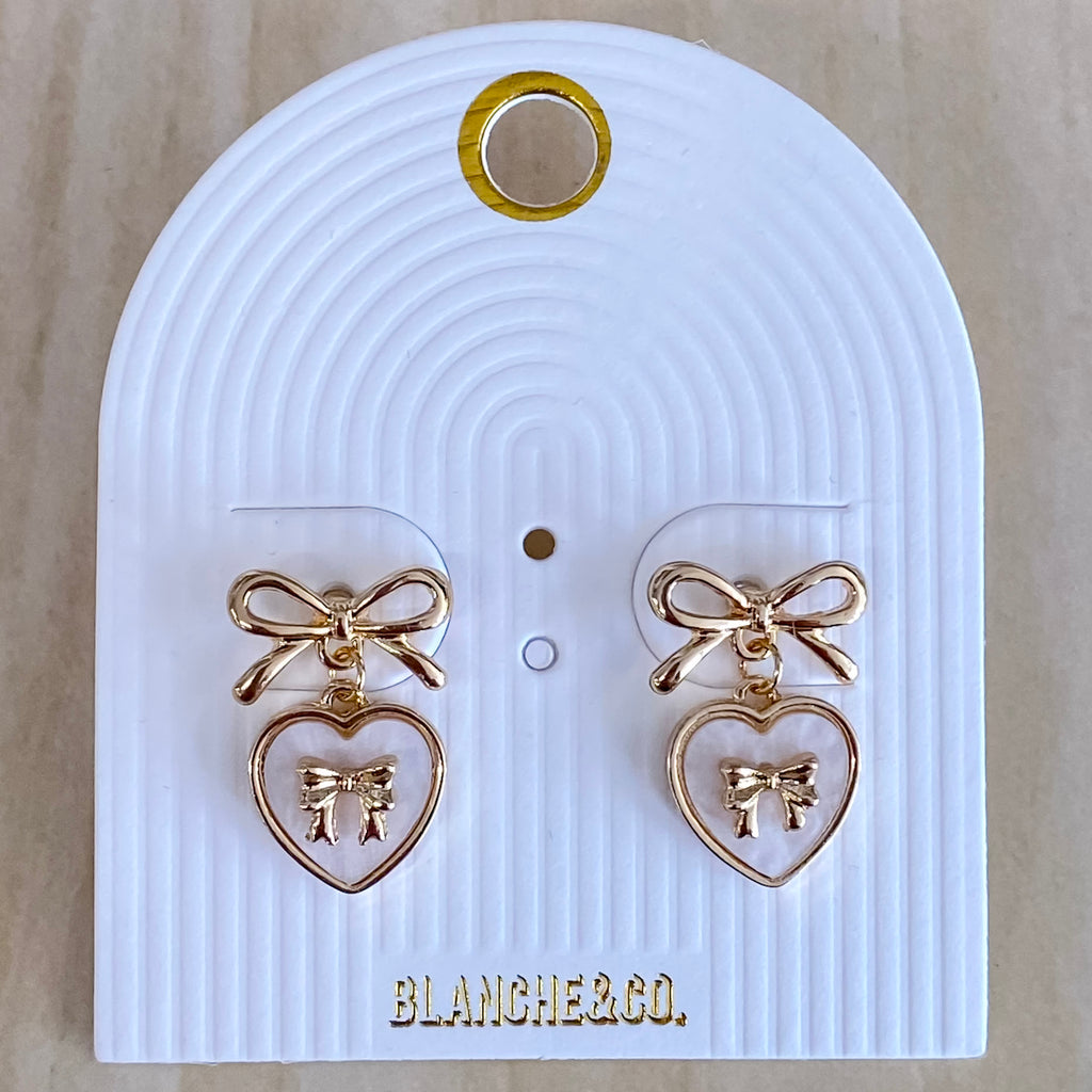 Gold Bow Stud Earring With Cream Mother Of Pearl Heart - Lyla's: Clothing, Decor & More - Plano Boutique