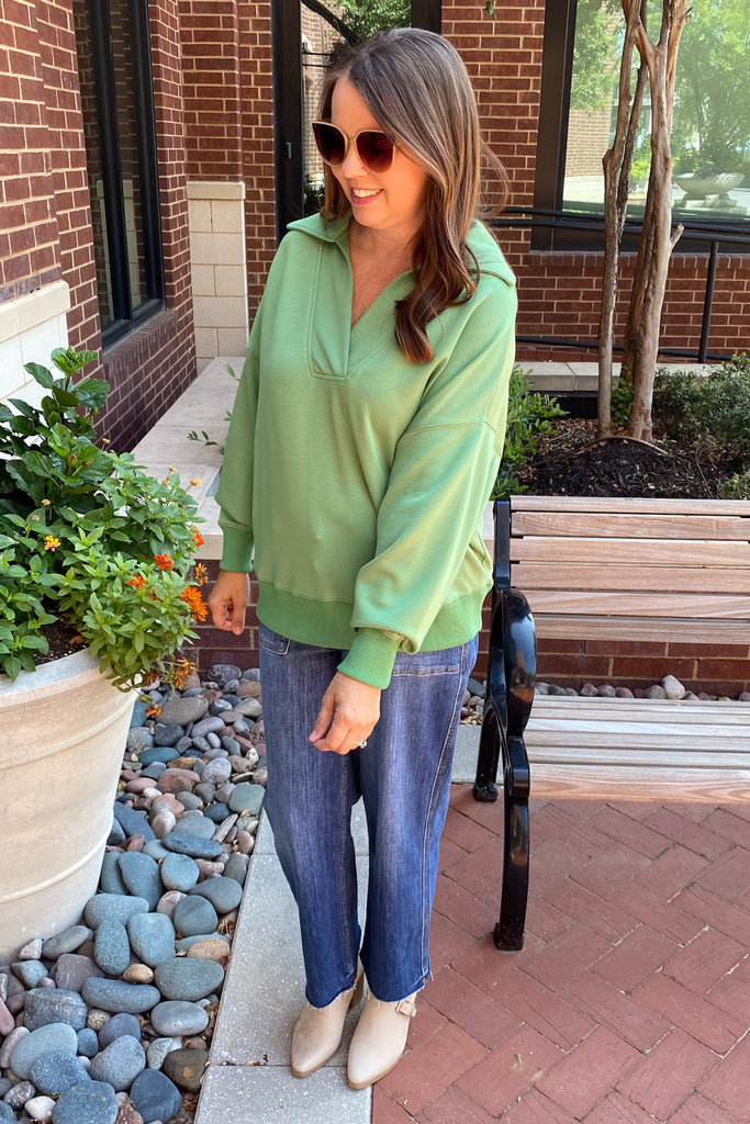 On The Run Longsleeve Collar Sage Green Top - Lyla's: Clothing, Decor & More - Plano Boutique