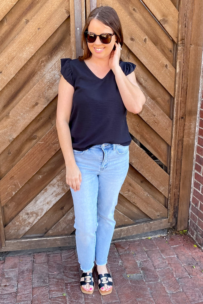 A Lil Ruffle V Neckline Black Top - Lyla's: Clothing, Decor & More - Plano Boutique