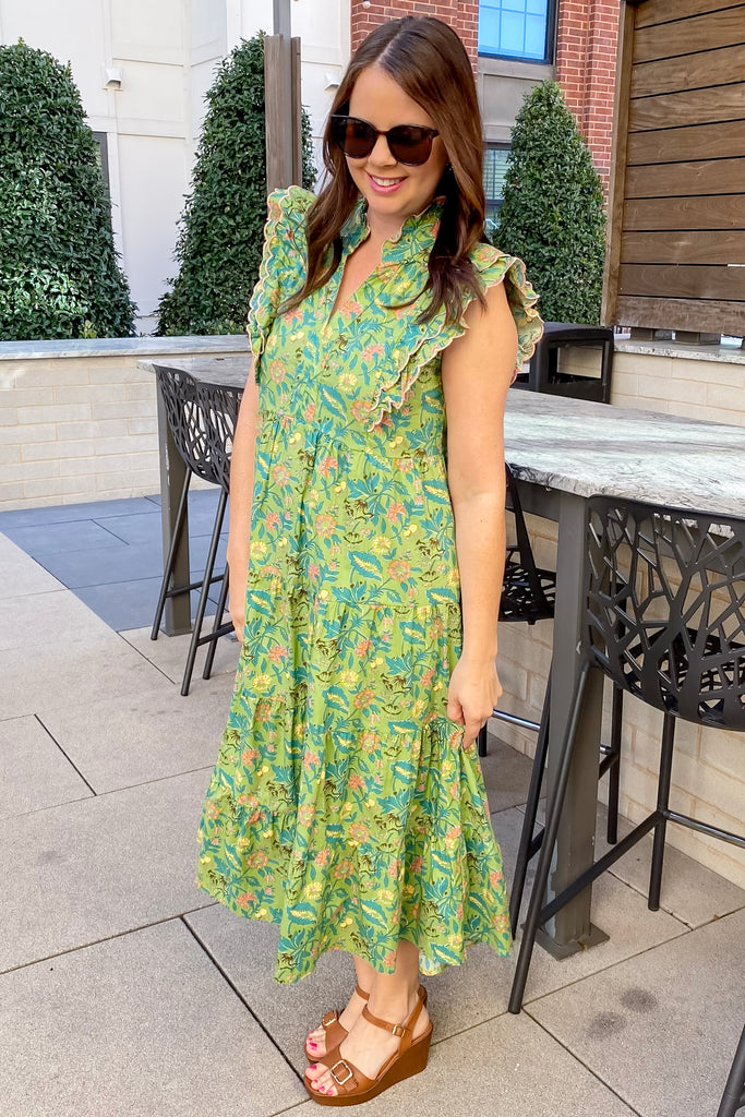 Rosewood Bloom Ruffle Sage Midi Dress - Lyla's: Clothing, Decor & More - Plano Boutique
