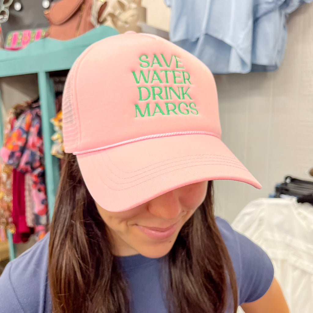 Save Water Drink Margs Embroidery Baby Pink Mesh Back Trucker Hat - Lyla's: Clothing, Decor & More - Plano Boutique