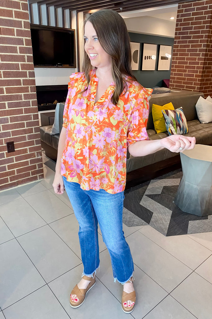 Orange and Pink Floral Print Blouse - Lyla's: Clothing, Decor & More - Plano Boutique