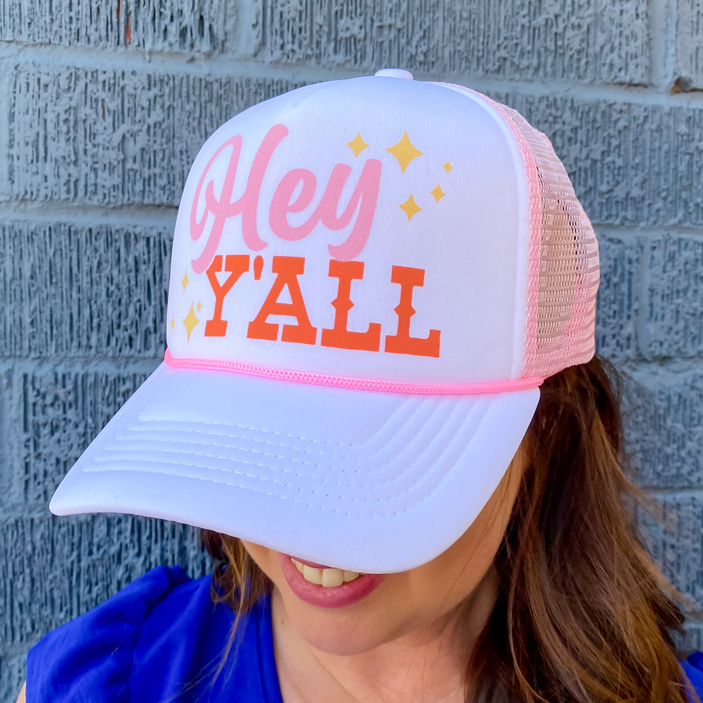 Hey Y'all Pink and White Foam Trucker Hat - Lyla's: Clothing, Decor & More - Plano Boutique