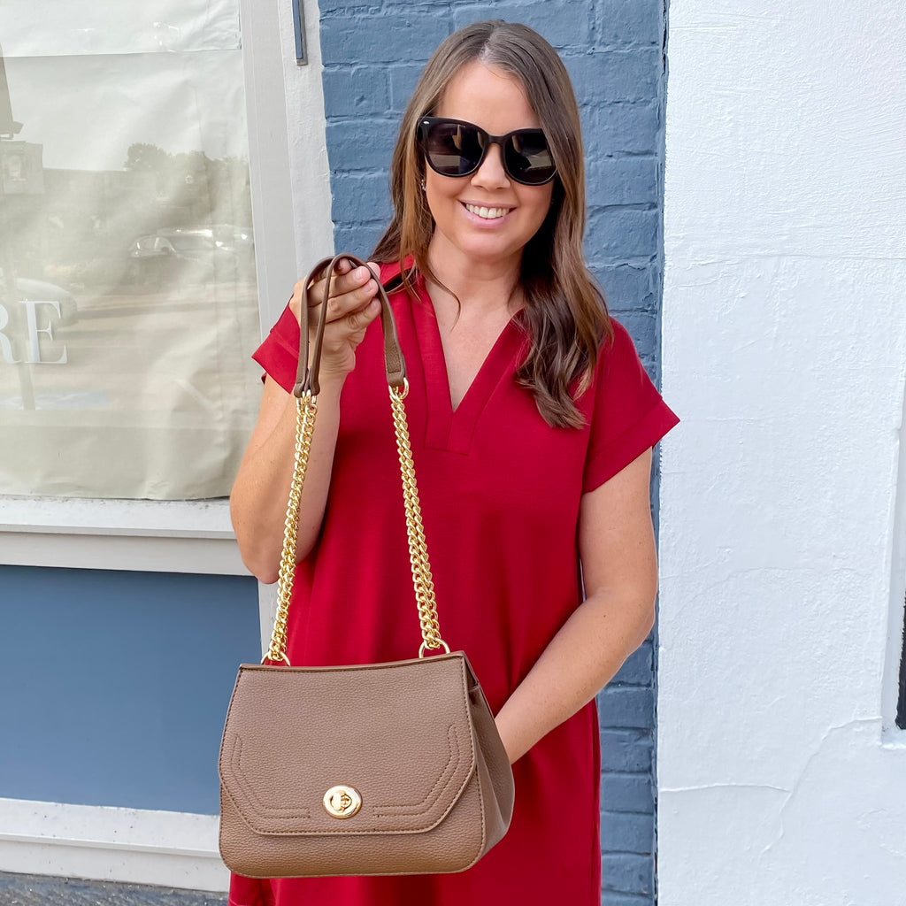 Jen & Co Lottie Twist Lock Crossbody Bag w/ Chain Strap in Brown - Lyla's: Clothing, Decor & More - Plano Boutique