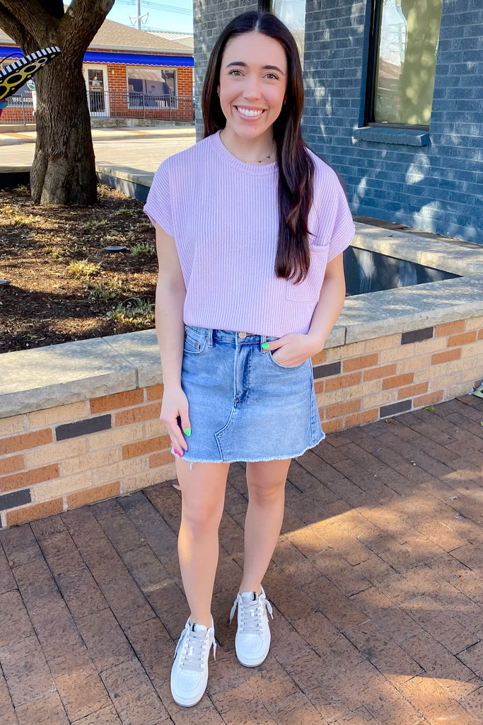 Light Smog Indigo High Rise Raw Hem Denim Skirt by Mica - Lyla's: Clothing, Decor & More - Plano Boutique
