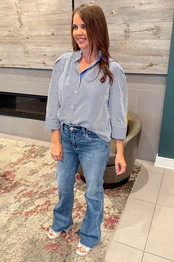 Here We Come Button Up Blue Striped Top - Lyla's: Clothing, Decor & More - Plano Boutique