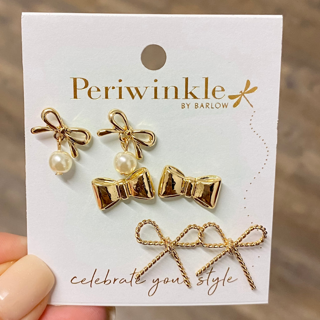 Gold bow Trio Earrings - Lyla's: Clothing, Decor & More - Plano Boutique