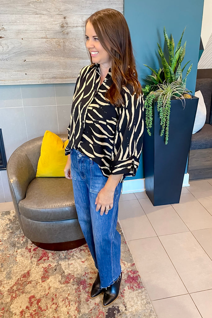 Thinking About It Black and Camel Print Top - Lyla's: Clothing, Decor & More - Plano Boutique