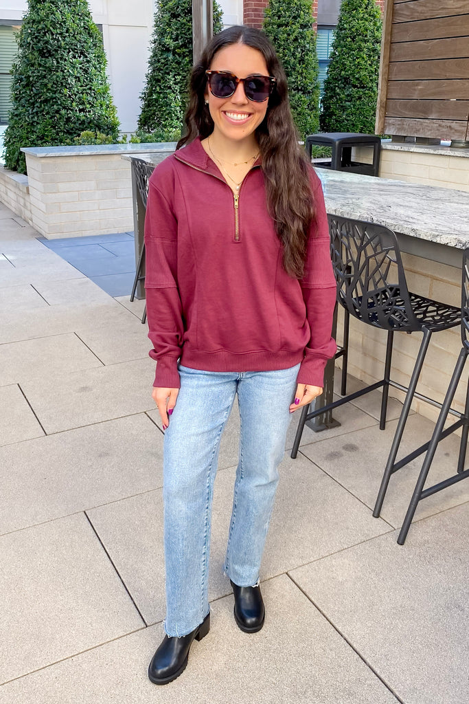 Here She Comes Half Zip Wine Sweater - Lyla's: Clothing, Decor & More - Plano Boutique