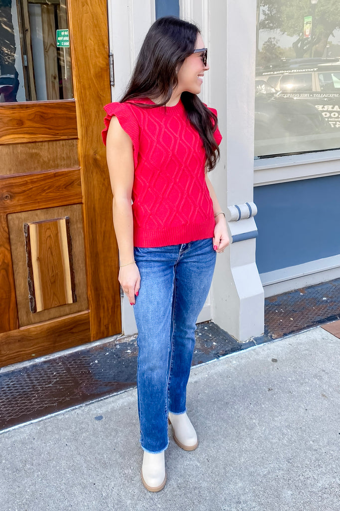 Settle In Ruffle Red Sweater - Lyla's: Clothing, Decor & More - Plano Boutique