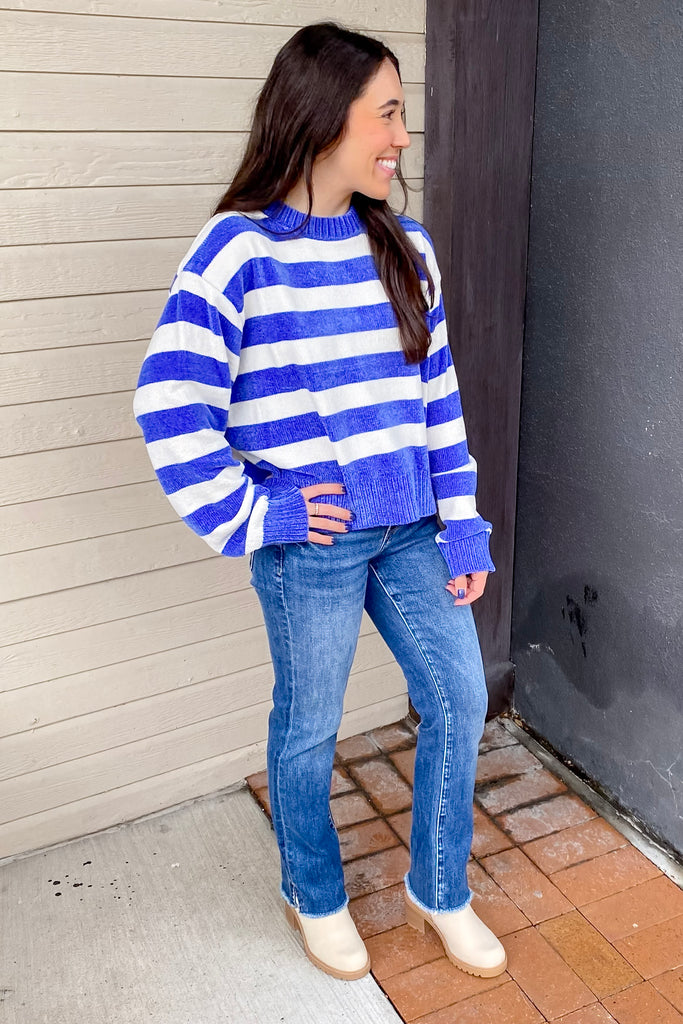 Enjoy Your Day Striped Cobalt Blue and Cream Sweater - Lyla's: Clothing, Decor & More - Plano Boutique