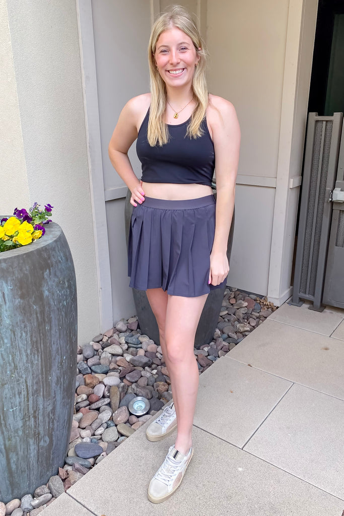 Athleisure Pleat Charcoal Tennis Skort - Lyla's: Clothing, Decor & More - Plano Boutique