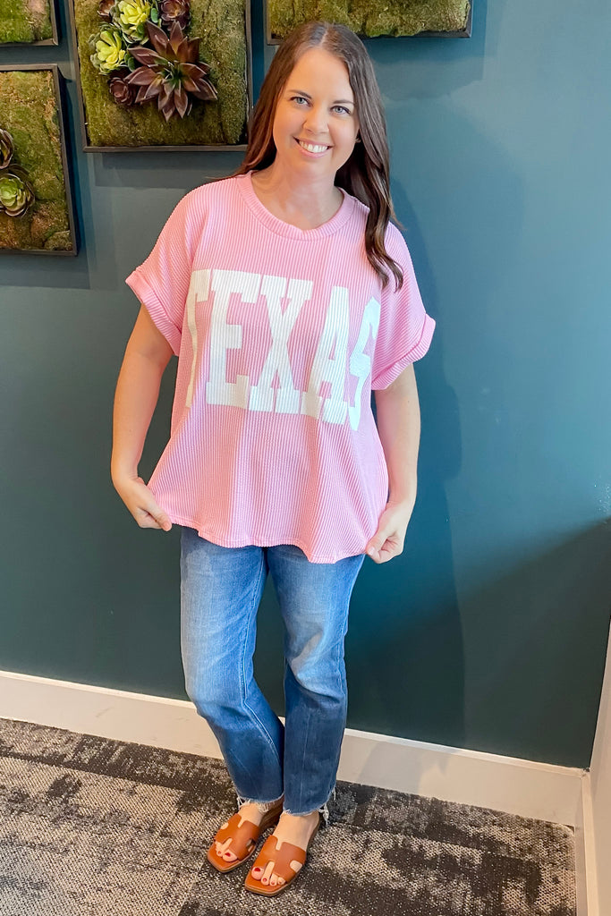 Texas Corduroy Graphic Baby Pink Short Sleeve Top - Lyla's: Clothing, Decor & More - Plano Boutique