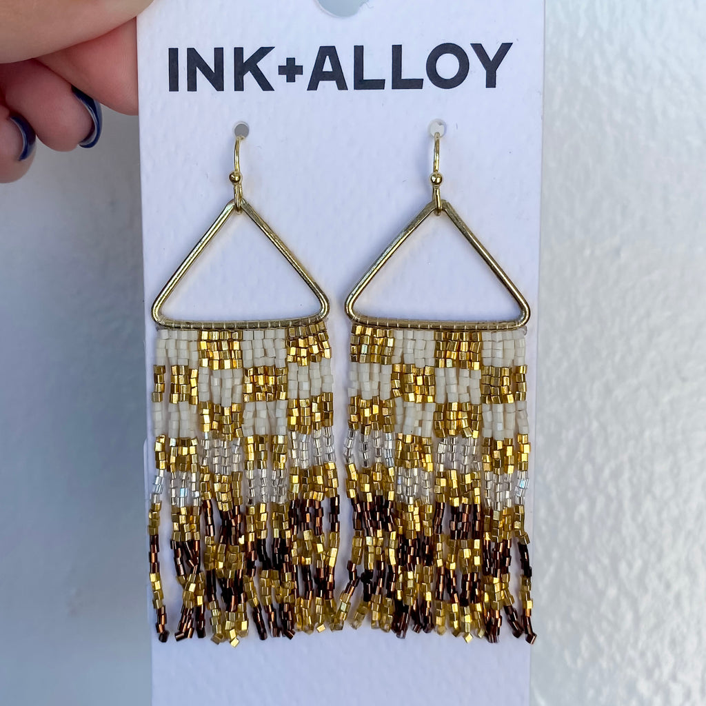 Paige Ombre Checked Beaded Fringe Earrings Mixed Metallic by Ink & Alloy - Lyla's: Clothing, Decor & More - Plano Boutique