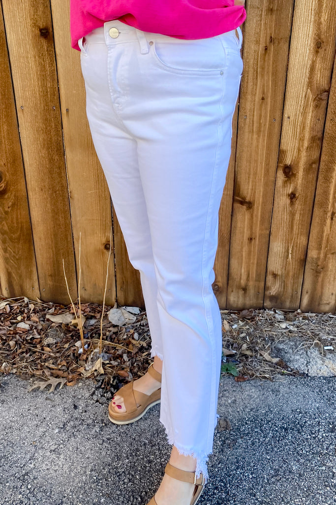 Snow White High Rise Uneven Hem Crop Flare Denim by Mica - Lyla's: Clothing, Decor & More - Plano Boutique