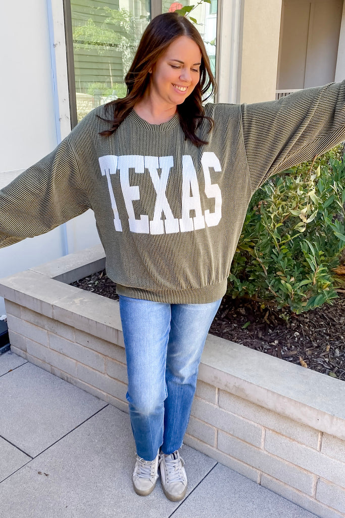 Texas Corduroy Graphic Olive Sweater - Lyla's: Clothing, Decor & More - Plano Boutique