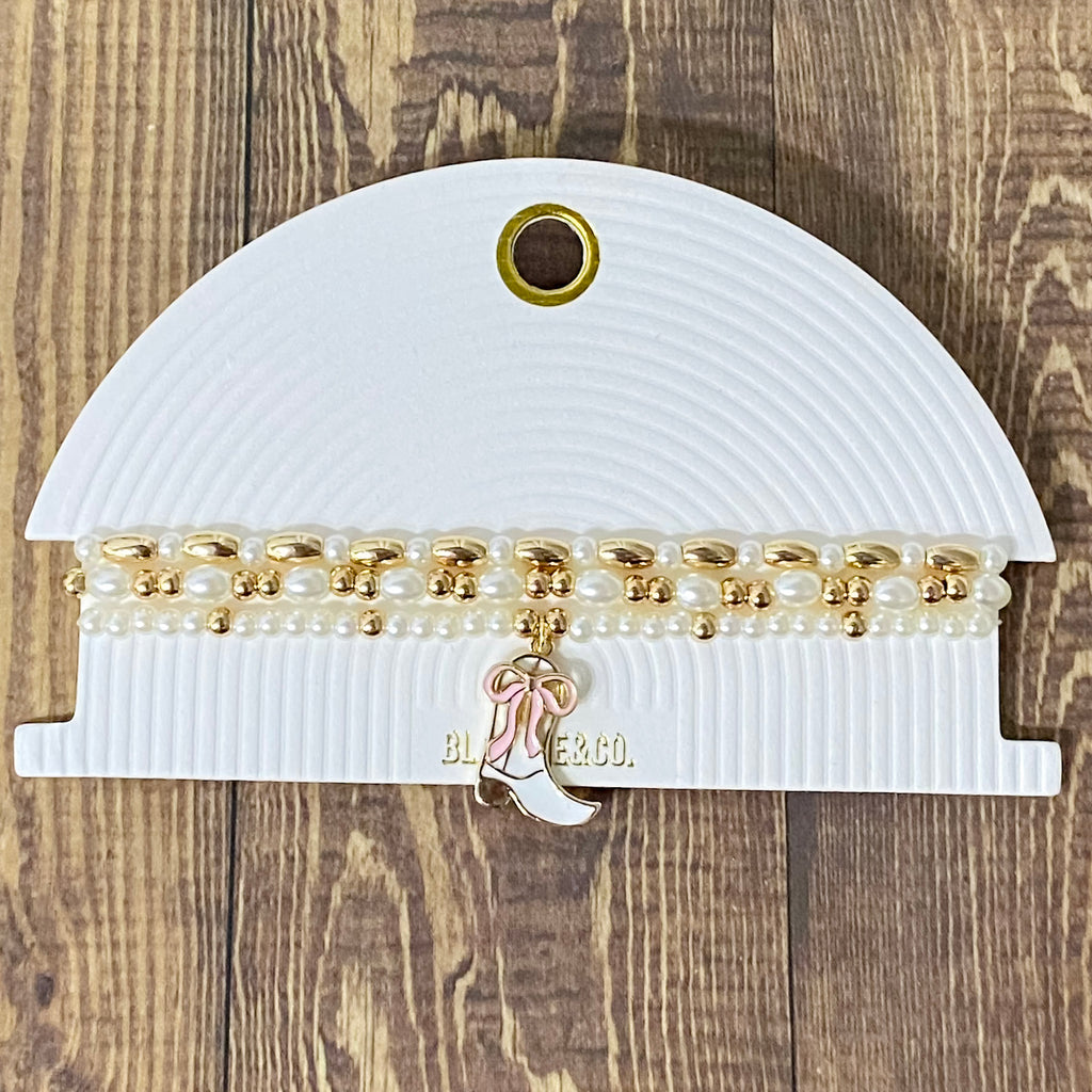 Set Of Three Gold And Pearl Stretch Bracelets With Boot - Lyla's: Clothing, Decor & More - Plano Boutique