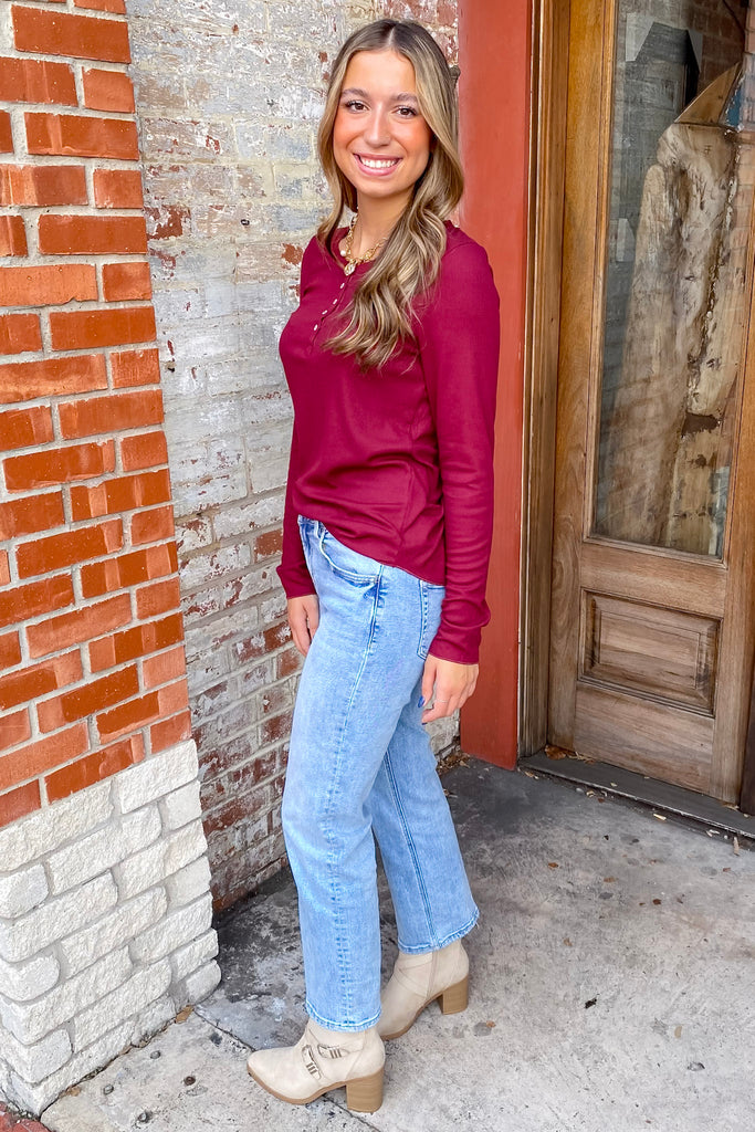 Going Places Wine Ribbed Henley Top - Lyla's: Clothing, Decor & More - Plano Boutique