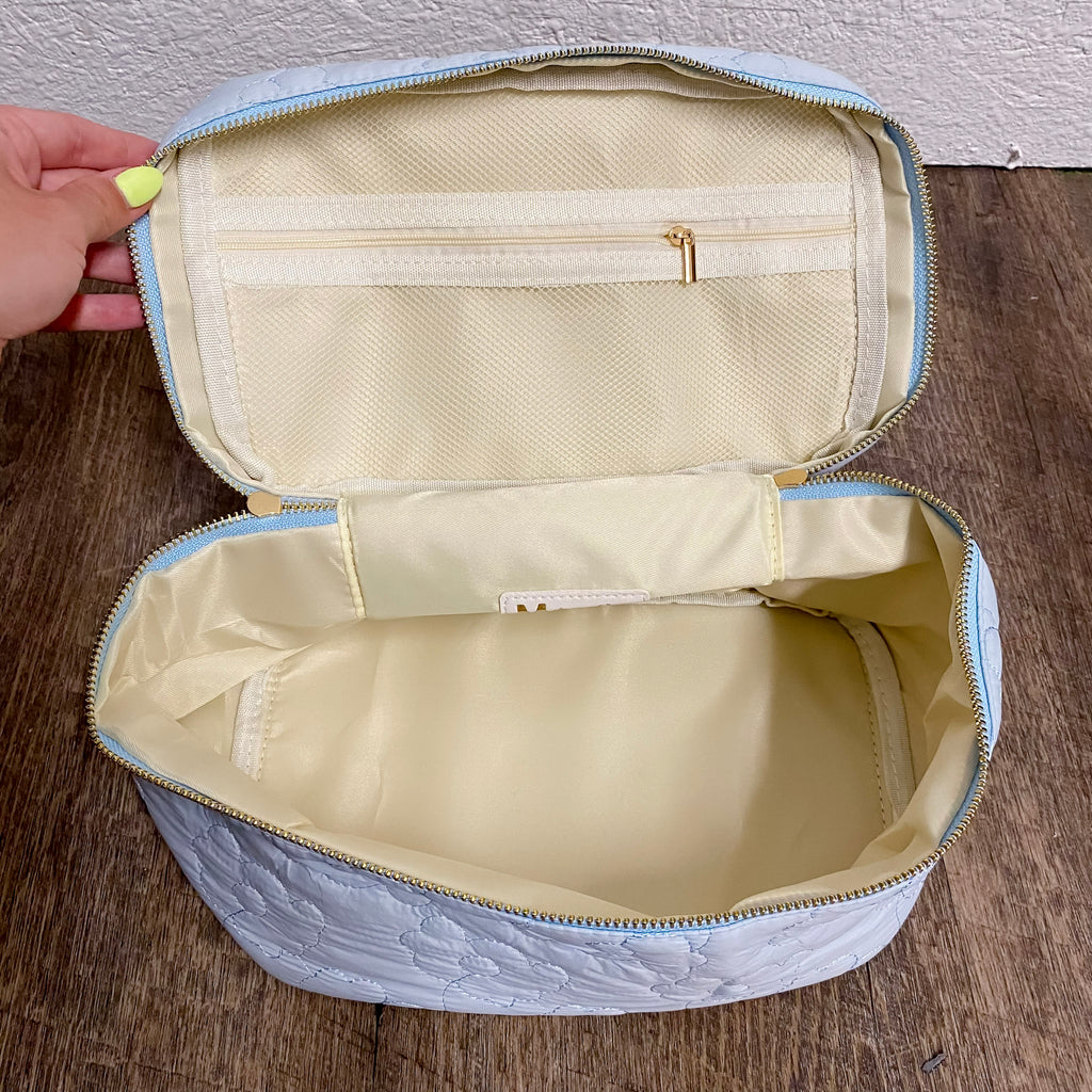 Blue Floral Puff Cosmetic Bag - Lyla's: Clothing, Decor & More - Plano Boutique