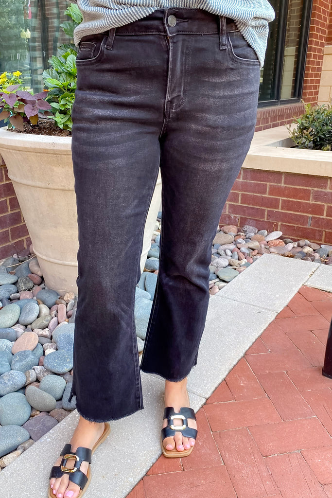 Alison Black Mid Rise Raw Step Hem Crop Flare Jeans by Vervet - Lyla's: Clothing, Decor & More - Plano Boutique