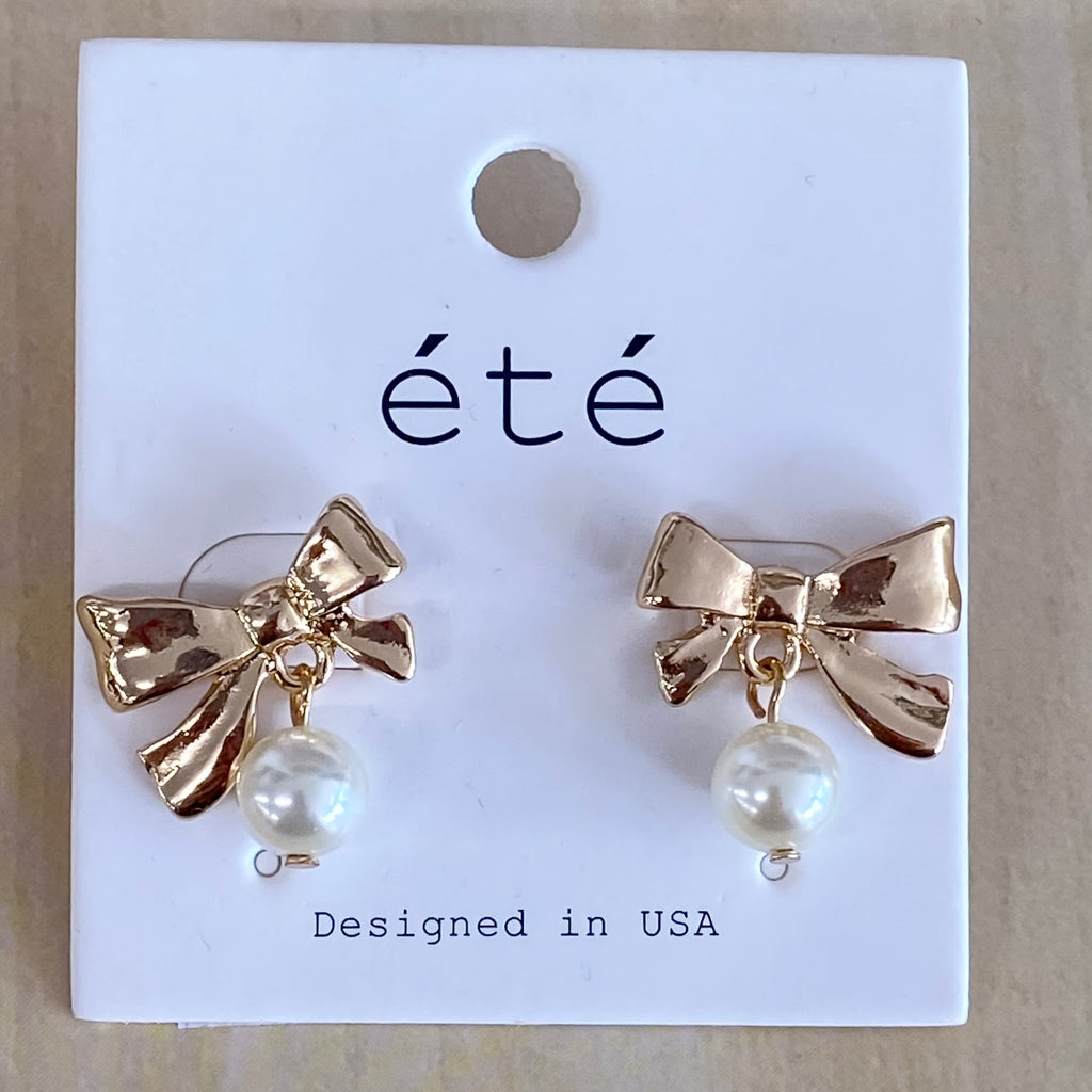 Gold Hammered Bow With Pearl Dangle Earrings - Lyla's: Clothing, Decor & More - Plano Boutique