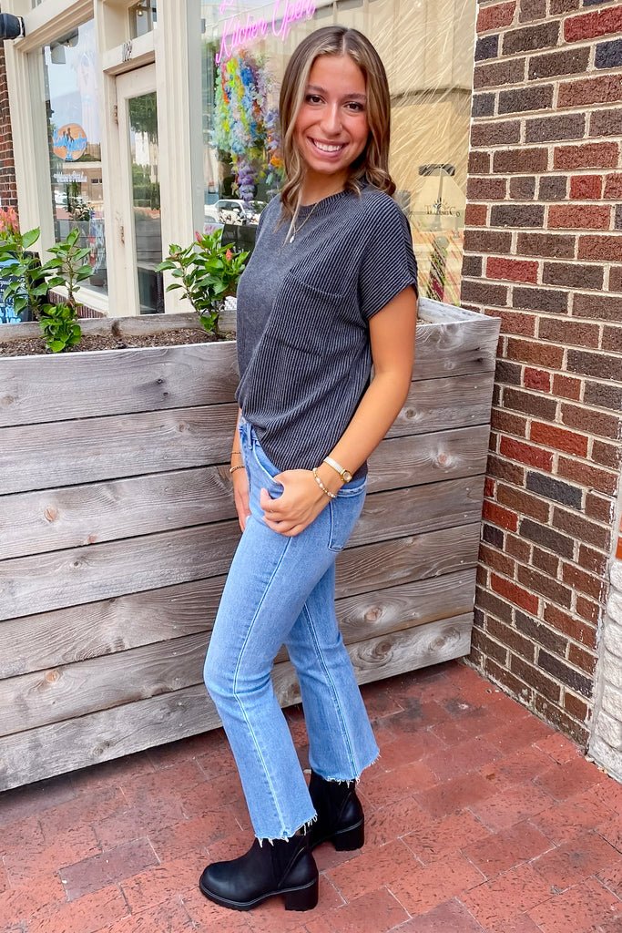 Charcoal Ribbed Pocket Top - Lyla's: Clothing, Decor & More - Plano Boutique