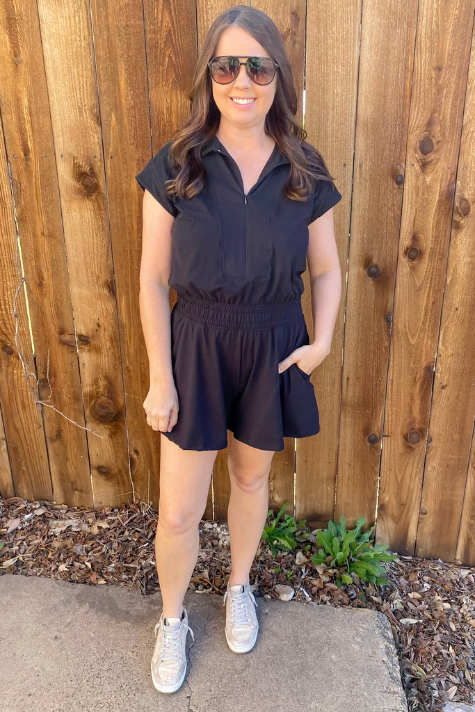 Athleisure Black Collar Active Romper - Lyla's: Clothing, Decor & More - Plano Boutique