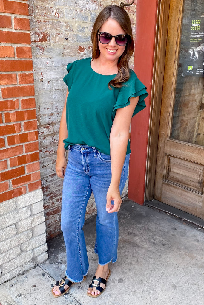 Ruffle Sleeve Hunter Green Top - Lyla's: Clothing, Decor & More - Plano Boutique